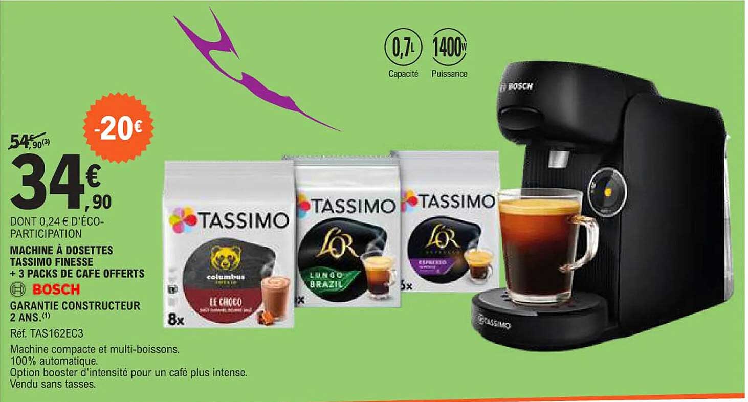 MACHINE À DOSSETTES TASSIMO FINESSE + 3 PACKS DE CAFÉ OFFERTS