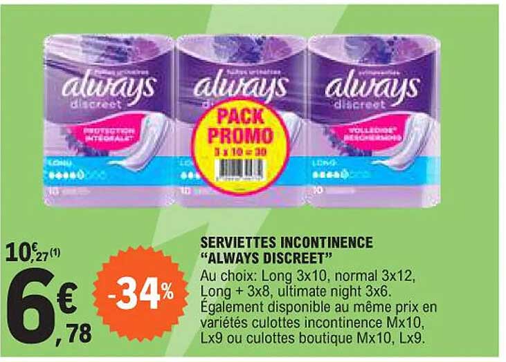 SERVIETTES INCONTINENCE “ALWAYS DISCREET”