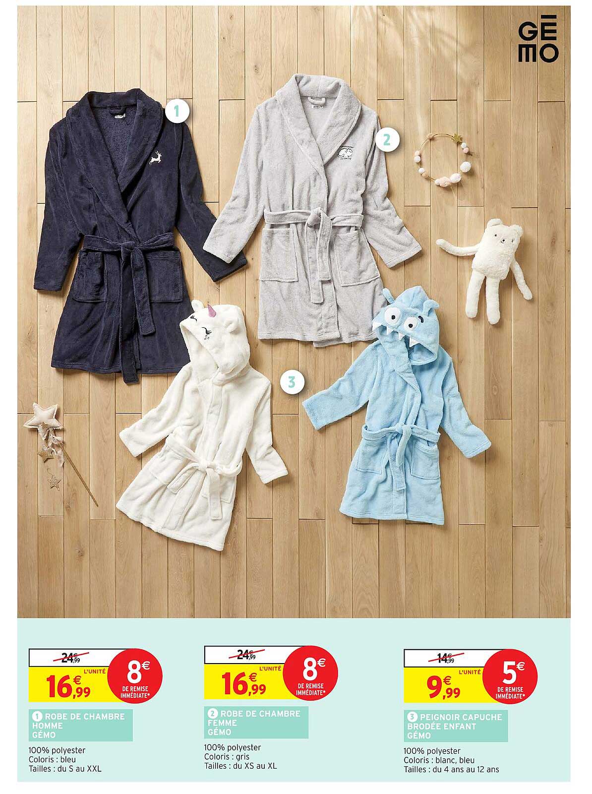 1. Robe De Chambre Homme Gemo 2. Robe De Chambre Femme Gemo 3. Peignoir Capuche Brodee Enfant Gemo offre chez Intermarche Hyper