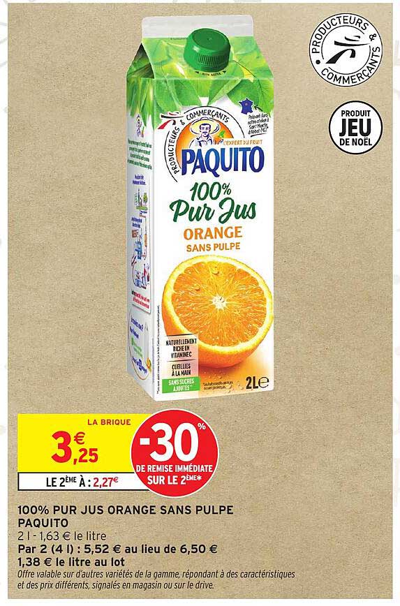 100% PUR JUS ORANGE SANS PULPE PAQUITO