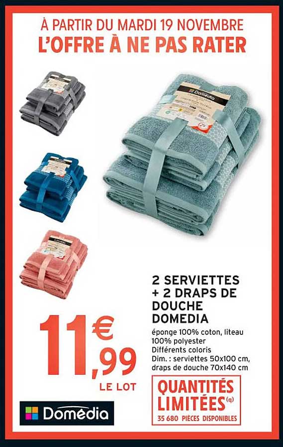 2 SERVIETTES + 2 DRAPS DE DOUCHE DOMEDIA