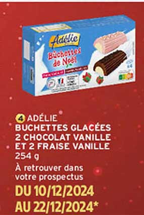 Adélie Bûchettes glacées 2 chocolat vanille et 2 fraise vanille