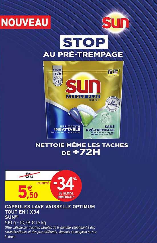 CAPSULES LAVE VAISSELLE OPTIMUM TOUT EN 1 X34 SUN