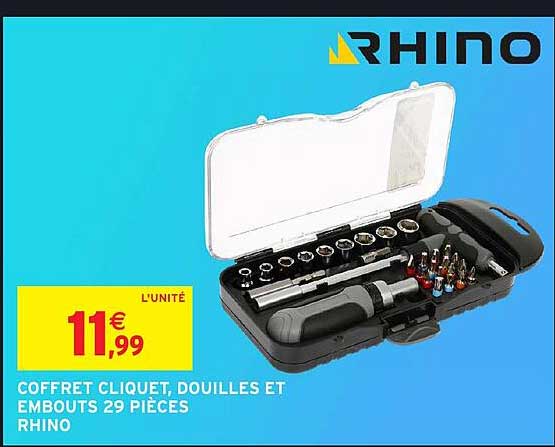 COFFRET CLIQUET, DOUILLES ET EMBOUTS 29 PIÈCES RHINO