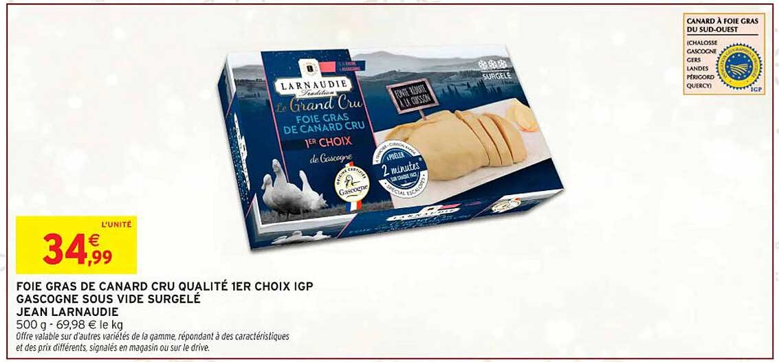 FOIE GRAS DE CANARD CRU QUALITÉ 1ER CHOIX IGP GASCOGNE SOUS VIDE SURGELÉ