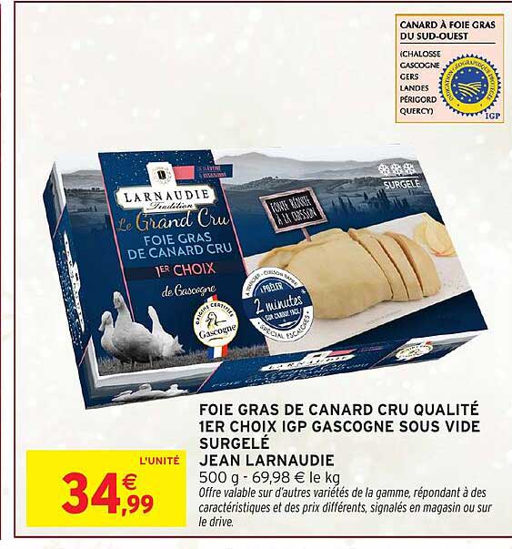 Foie gras de canard cru qualité 1ER CHOIX IGP Gascogne sous vide surgelé