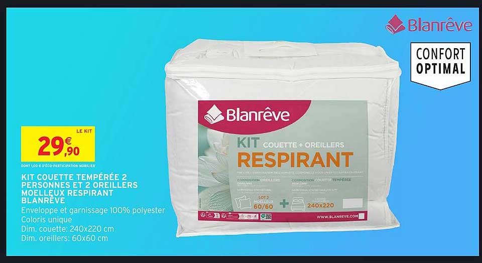 KIT COUETTE TEMPERÉE 2 PERSONNES ET 2 OREILLERS MOELLEUX RESPIRANT BLANRÊVE