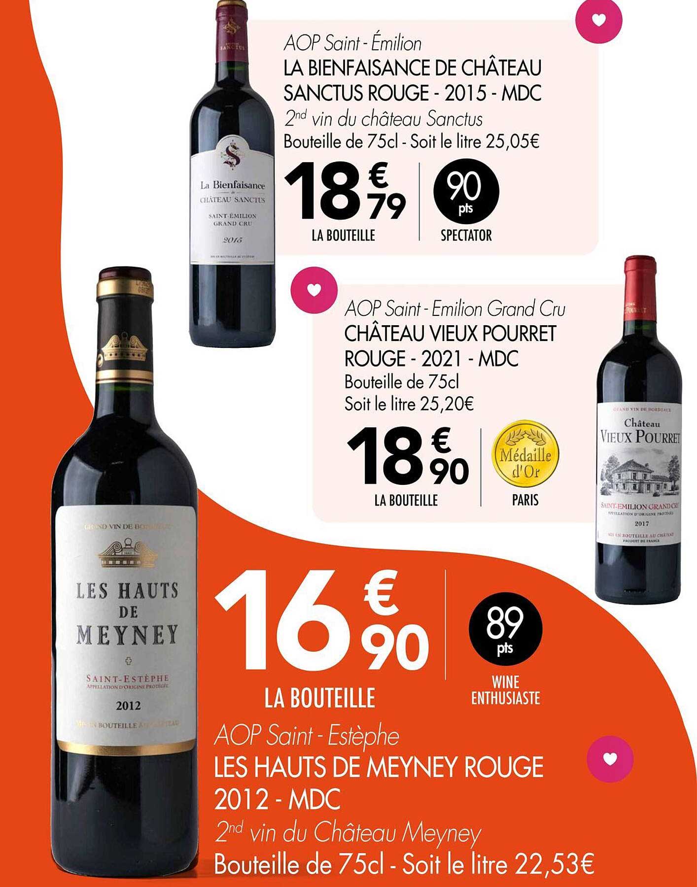 LA BIENFAISANCE DE CHÂTEAU SANCTUS ROUGE - 2015 - MDC  
CHÂTEAU VIEUX POURRET ROUGE - 2021 - MDC  
LES HAUTS DE MEYNEY 2012 - MDC