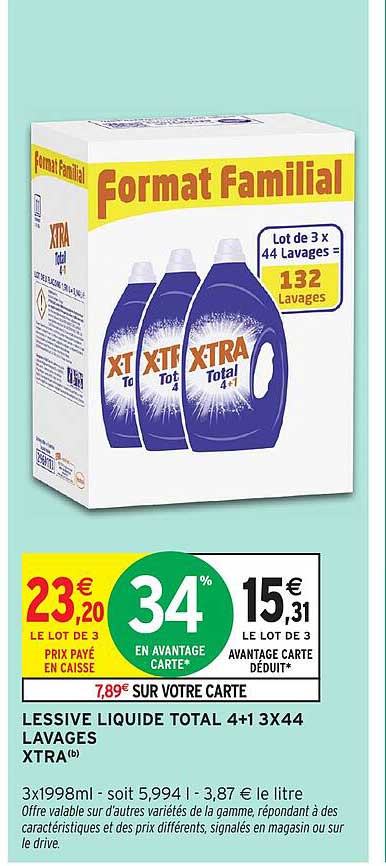 LESSIVE LIQUIDE TOTAL 4+1 3X44 LAVAGES XTRA