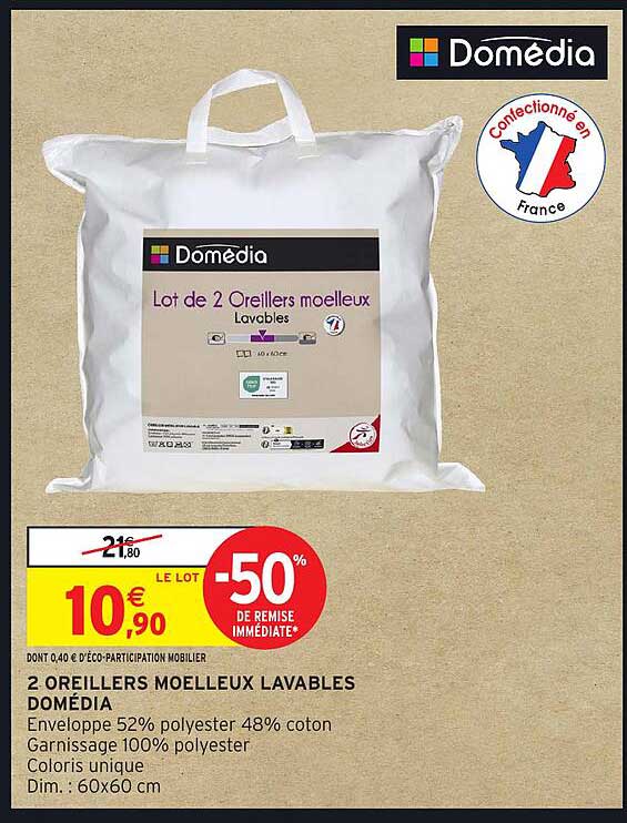 Lot de 2 Oreillers moelleux Lavables Domédia