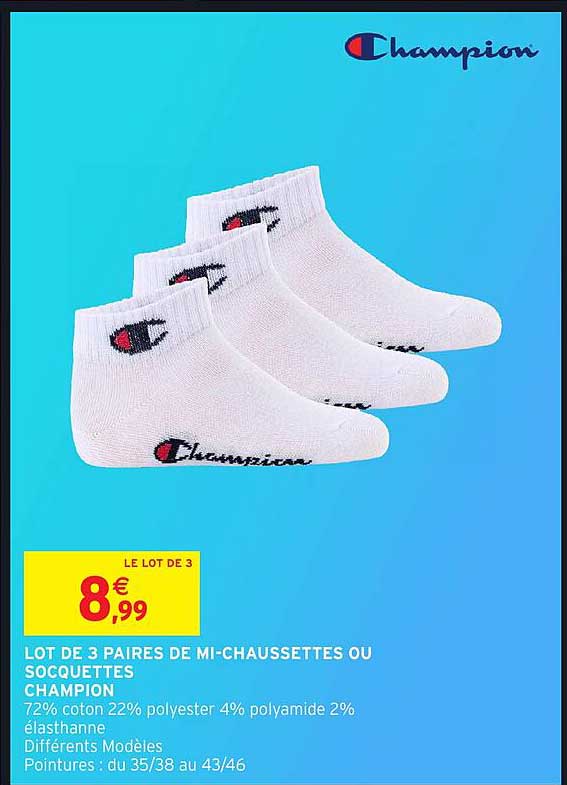 LOT DE 3 PAIRES DE MI-CHAUSSETTES OU SOCQUETTES CHAMPION