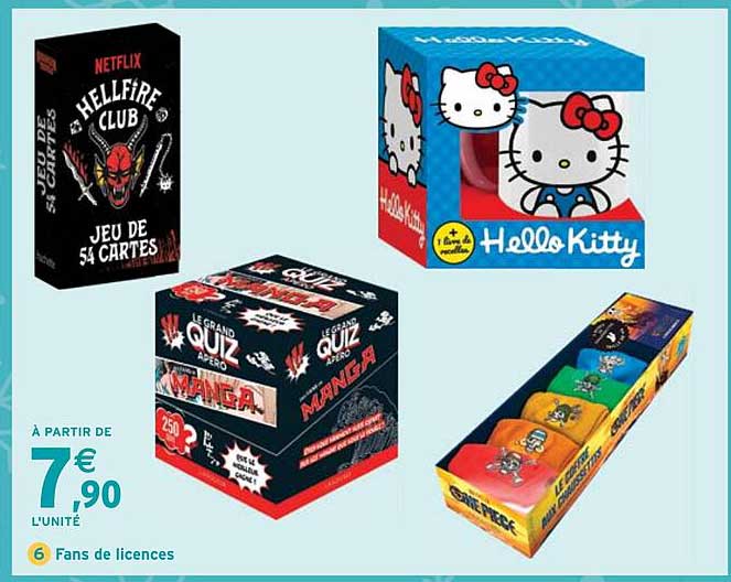 Jeu de 54 cartes  
Hello Kitty  
LE GRAND QUIZ APERO MANGA  
LE GRAND QUIZ APERO MANGA  
Minis figurines One Piece  