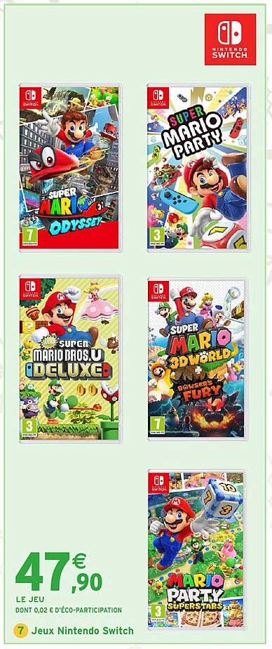 Super Mario Odyssey  
Super Mario Party  
Super Mario Bros. U Deluxe  
Super Mario 3D World + Bowser's Fury  
Mario Party Superstars  