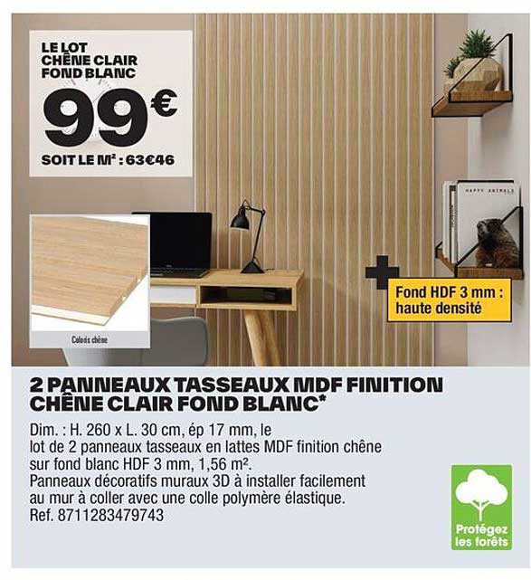 2 PANNEAUX TASSEAUX MDF FINITION CHÊNE CLAIR FOND BLANC*