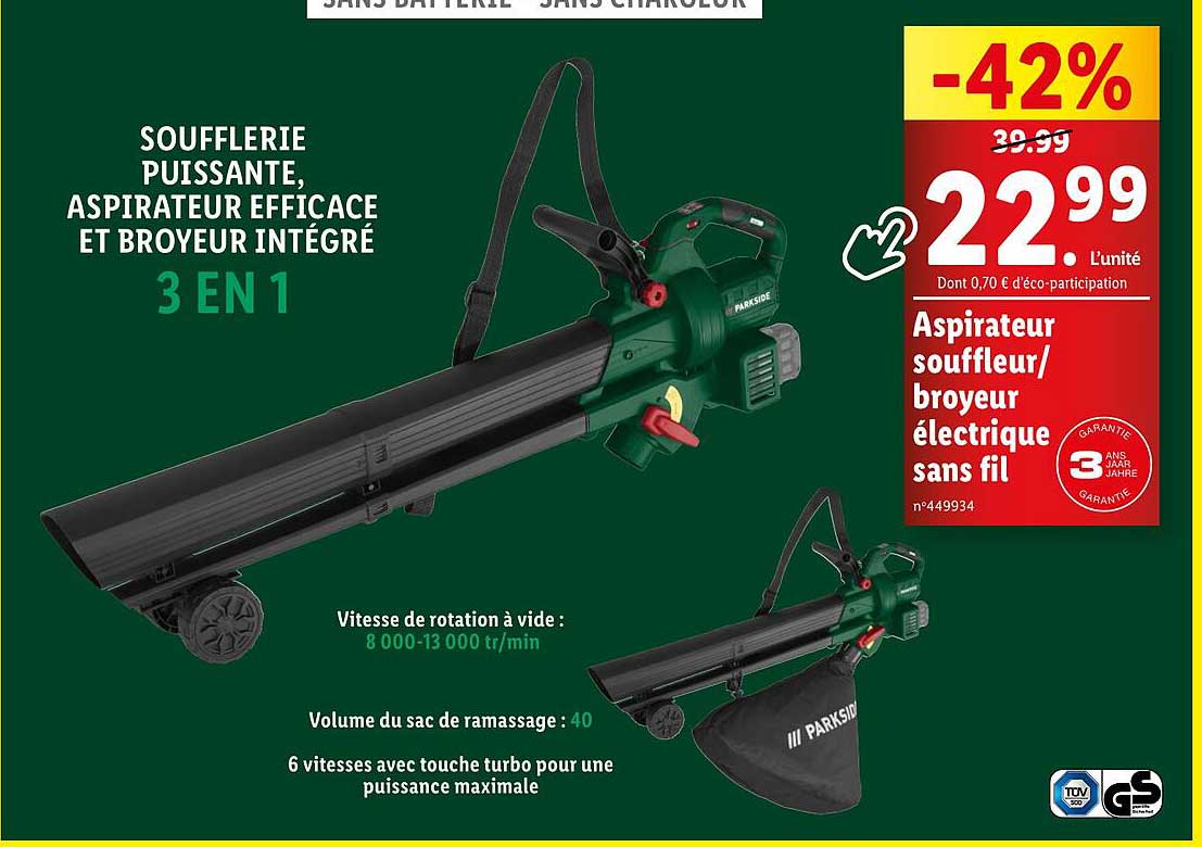 Aspirateur souffleur/broyeur électrique sans fil