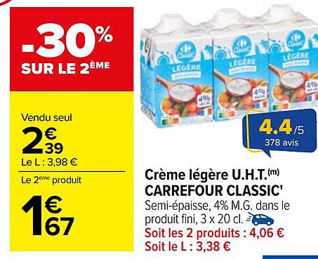 Crème légère U.H.T.(m) CARREFOUR CLASSIC