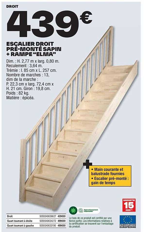 ESCALIER DROIT PRÉ-MONTÉ SAPIN + RAMPE “ELMA”