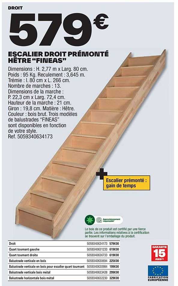 ESCALIER DROIT PRÉMONTÉ HÊTRE “FINEAS”