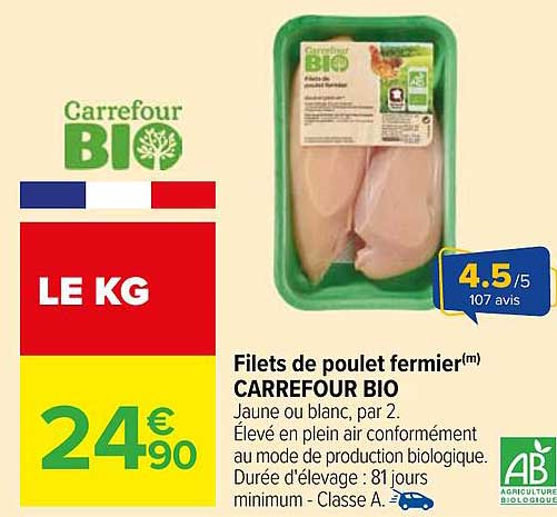 Filets de poulet fermier(m) CARREFOUR BIO