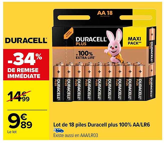 Lot de 18 piles Duracell plus 100% AA/LR6