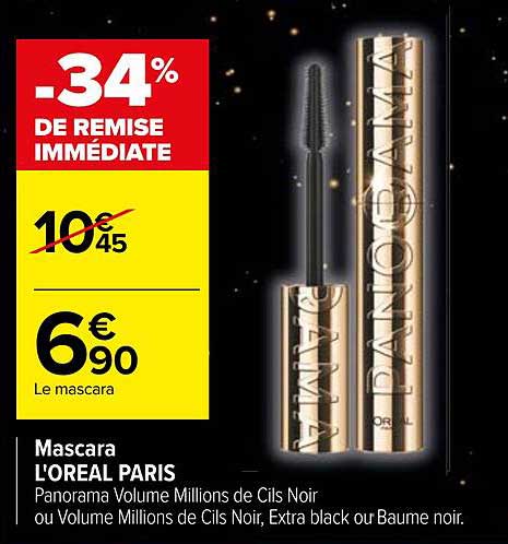 Mascara L'OREAL PARIS Panorama Volume Millions de Cils Noir ou Volume Millions de Cils Noir, Extra black ou Baume noir.