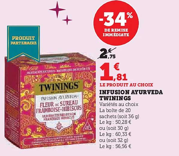 INFUSION AYURVEDA TWININGS FLEUR DE SUREAU FRAMBOISE-HIBISCUS