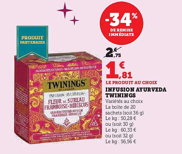 INFUSION AYURVEDA TWININGS FLEUR DE SUREAU FRAMBOISE-HIBISCUS