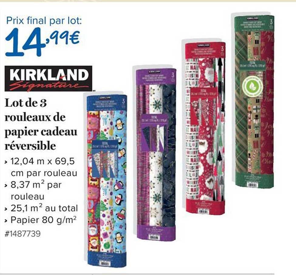 KIRKLAND Signature Lot de 3 rouleaux de papier cadeau réversible