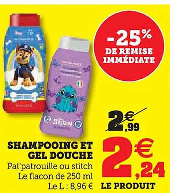 SHAMPOOING ET GEL DOUCHE Pat'patrouille ou stitch