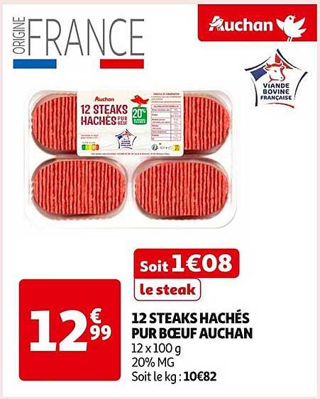 12 STEAKS HACHÉS PUR BOEUF AUCHAN