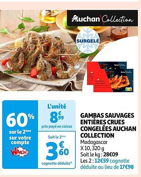 GAMBAS SAUVAGES ENTIÈRES CRUES CONGELÉES AUCHAN COLLECTION