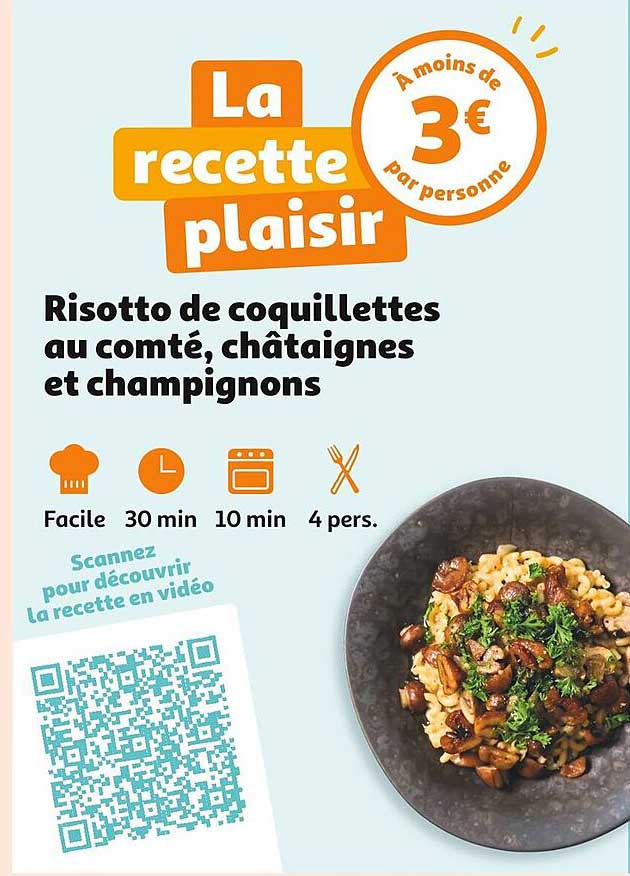 La recette plaisir  
Risotto de coquillettes au comté, châtaignes et champignons