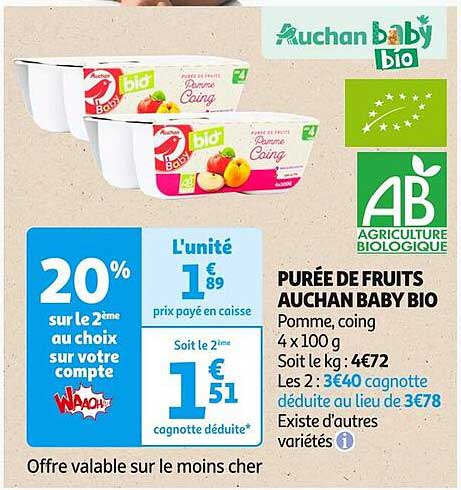 PURÉE DE FRUITS AUCHAN BABY BIO Pomme, coing