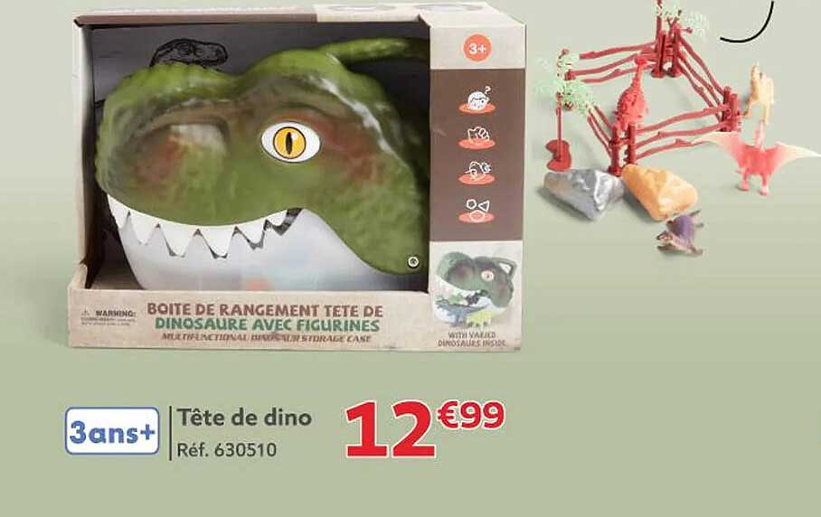 Boîte de rangement tête de dinosaure avec figurines