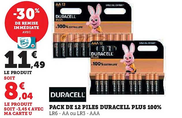 PACK DE 12 PILES DURACELL PLUS 100%