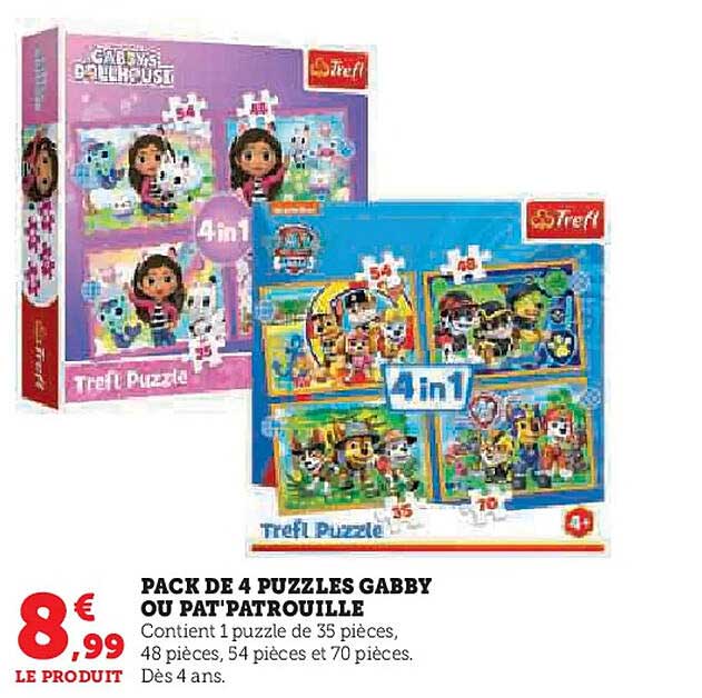 PACK DE 4 PUZZLES GABBY OU PAT'PATROUILLE