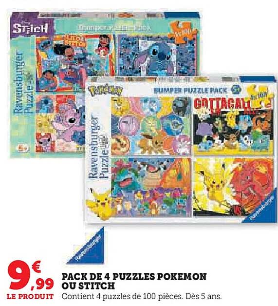 PACK DE 4 PUZZLES POKEMON OU STITCH