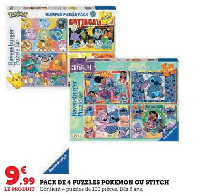 PACK DE 4 PUZZLES POKEMON OU STITCH