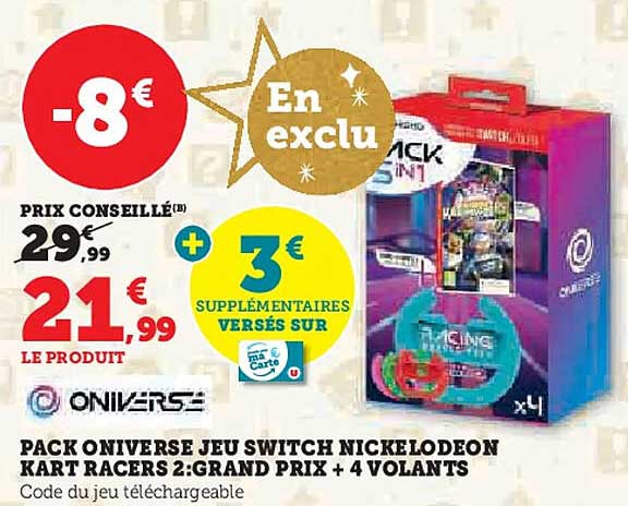 PACK ONIVERSE JEU SWITCH NICKELODEON KART RACERS 2 : GRAND PRIX + 4 VOLANTS