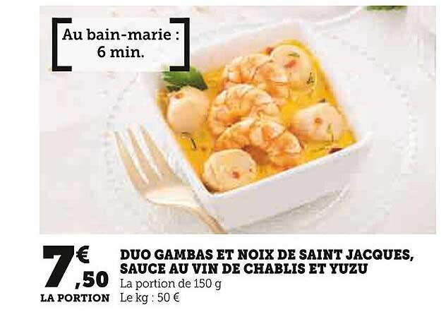 DUO GAMBAS ET NOIX DE SAINT JACQUES, SAUCE AU VIN DE CHABLIS ET YUZU