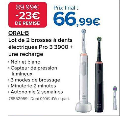 ORAL-B Lot de 2 brosses à dents électriques Pro 3 3900 + une recharge