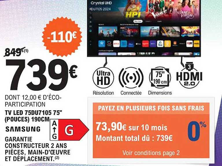 TV LED 75DU7105 75" (pouces) 190CM Samsung