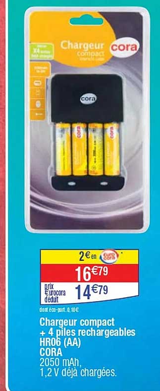 Chargeur compact + 4 piles rechargeables HR06 (AA) CORA