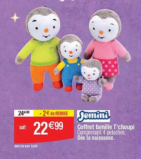 Coffret famille T'choupi comprenant 4 peluches.