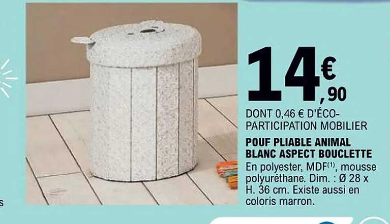 POUF PLIABLE ANIMAL BLANC ASPECT BOUCLETTE