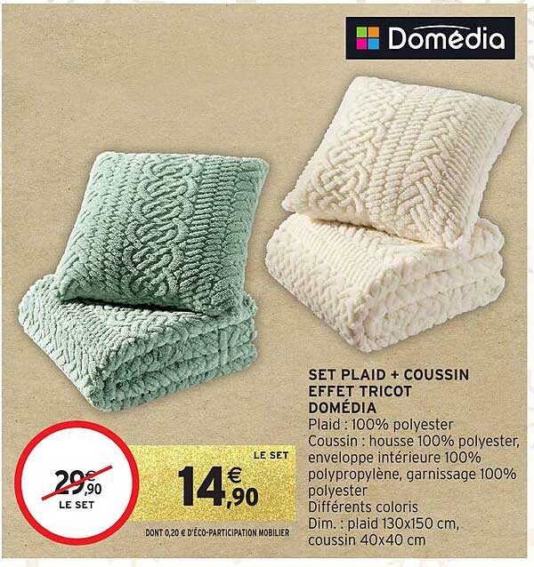 SET PLAID + COUSSIN EFFET TRICOT DOMÉDIA