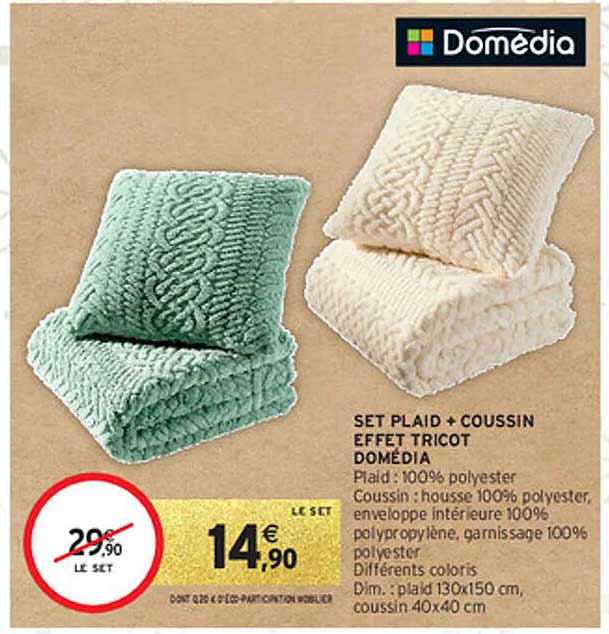 SET PLAID + COUSSIN EFFET TRICOT DOMÉDIA