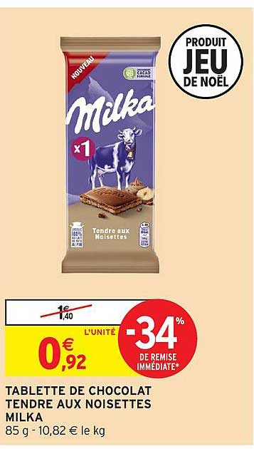 TABLETTE DE CHOCOLAT TENDRE AUX NOISETTES MILKA