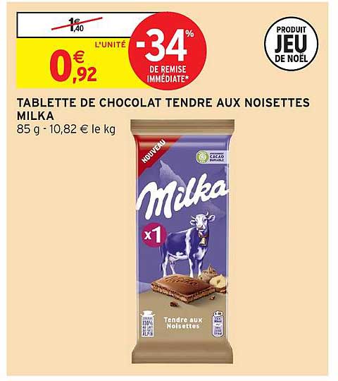 TABLETTE DE CHOCOLAT TENDRE AUX NOISETTES MILKA