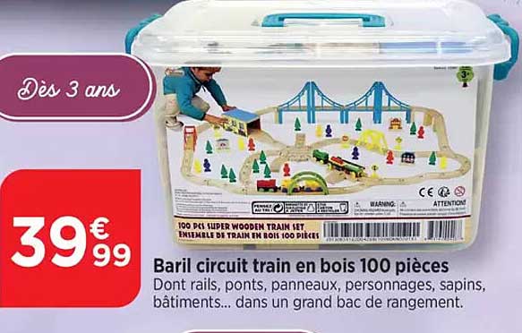 Baril circuit train en bois 100 pièces